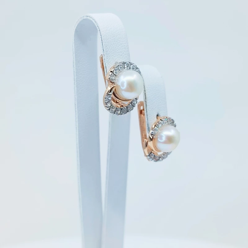 Auksiniai auskarai su perlais ir cirkonio akmenimis 0020 2